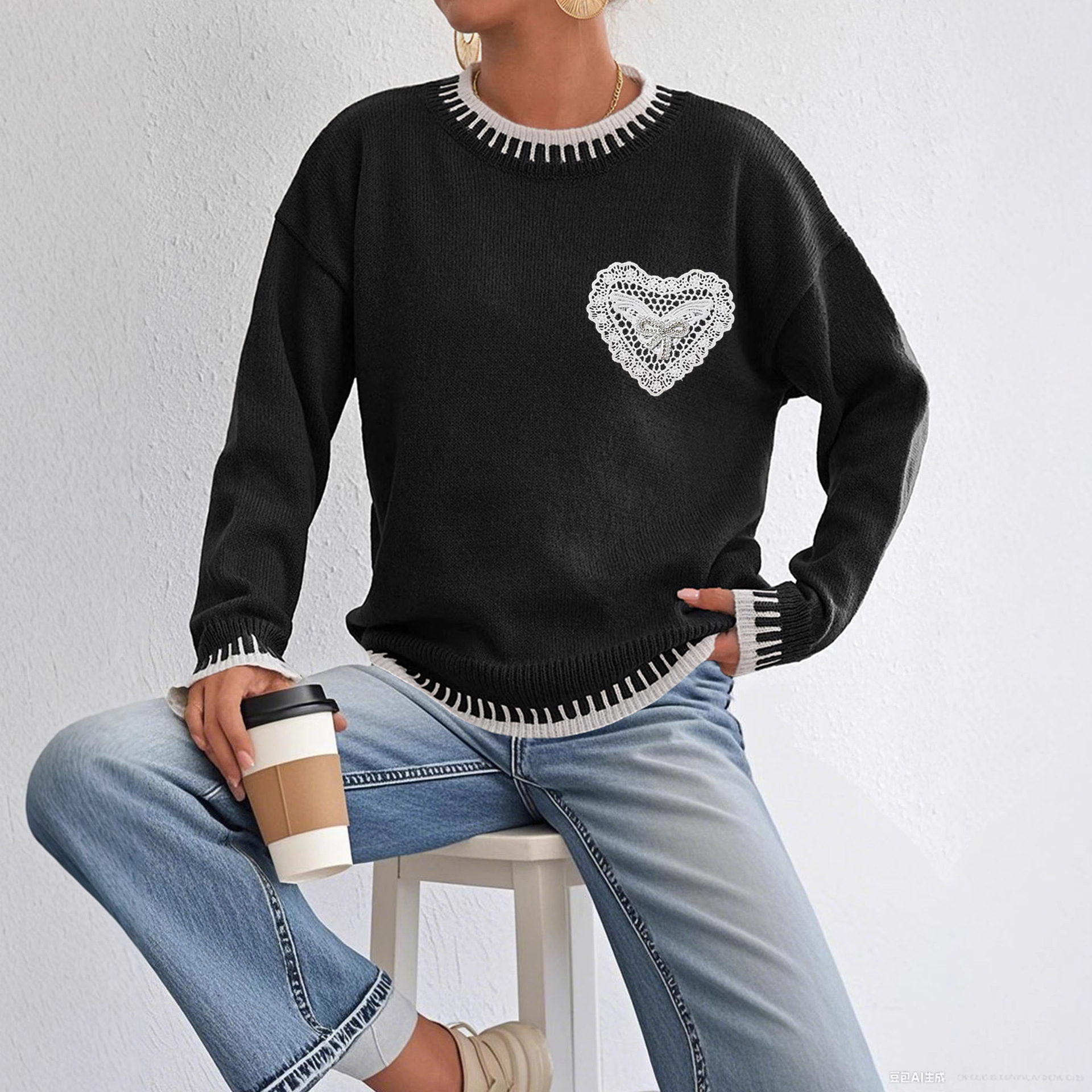 Colorblock Butterfly Lace Heart Pocket Pullover Sweater
