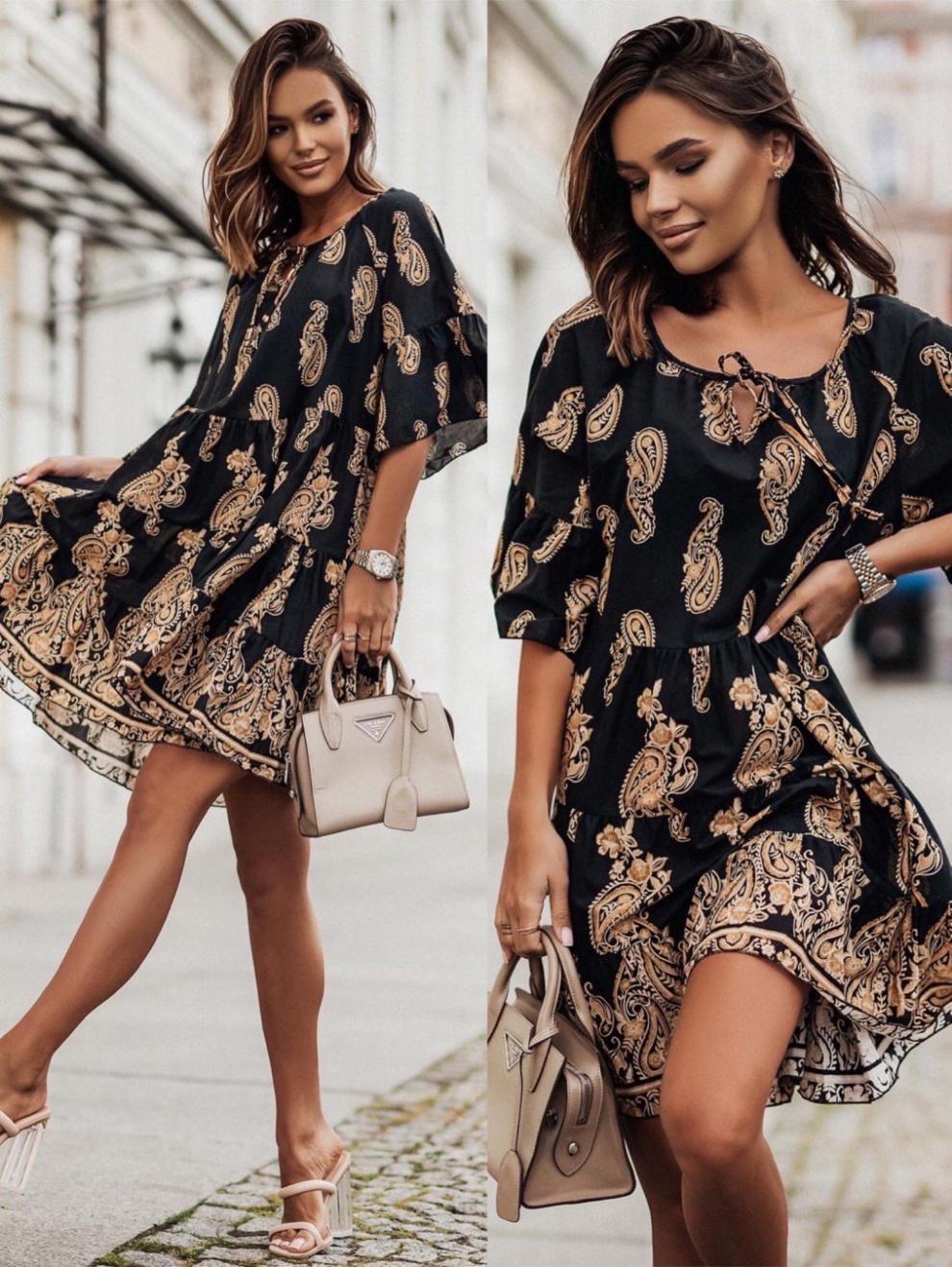 Women's Summer Floral Print Dress Round Neck Short Sleeve A-Line Long Dress