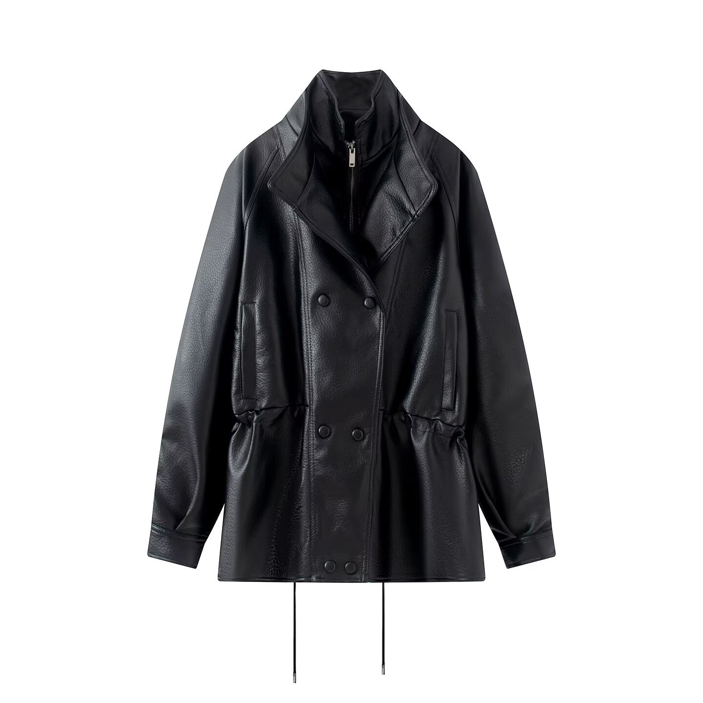 Women's Double-Layer Collar Zip-Up Cinched Waist Jacket