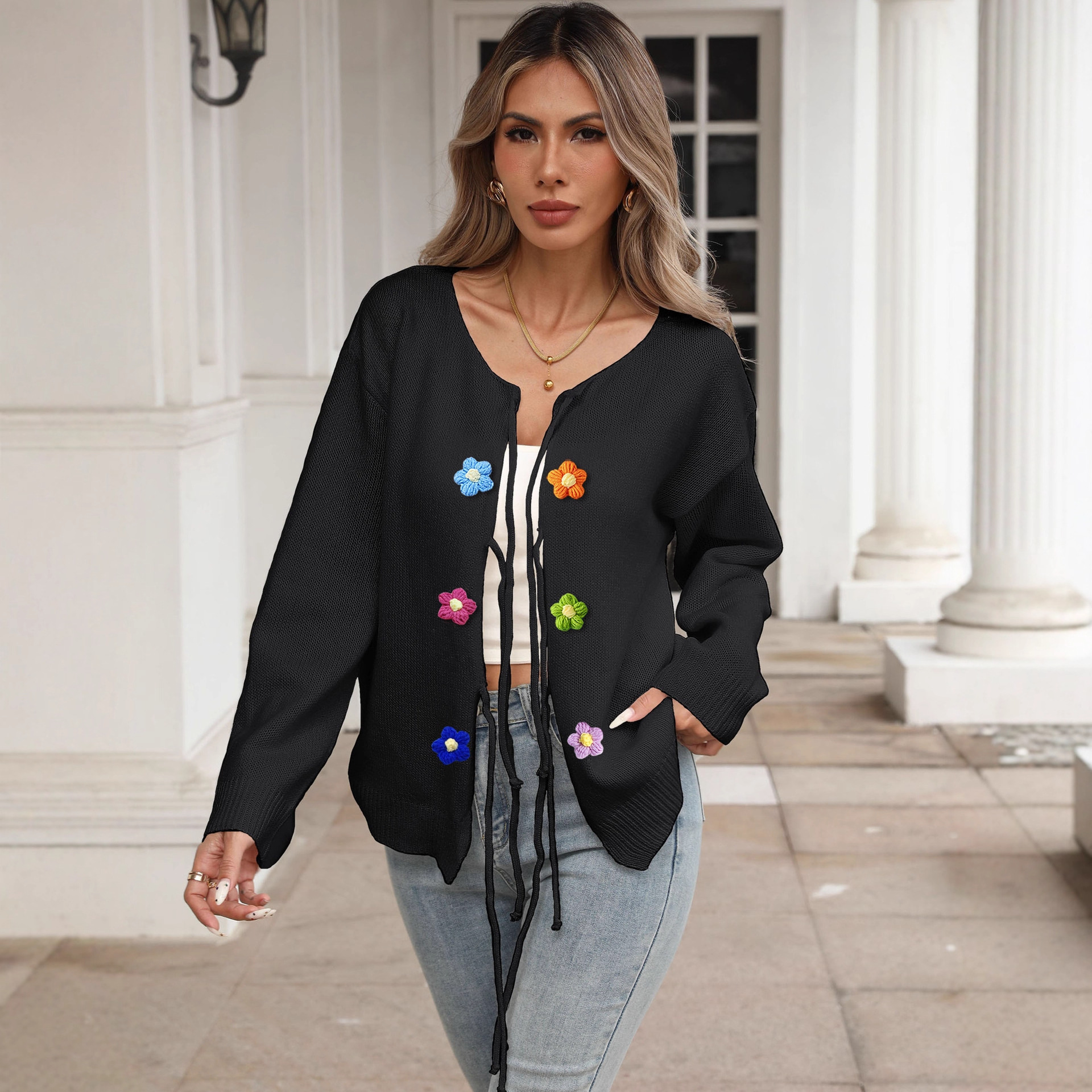 Women's Tie-Front Cardigan with Hand-Crocheted Floral Appliqué