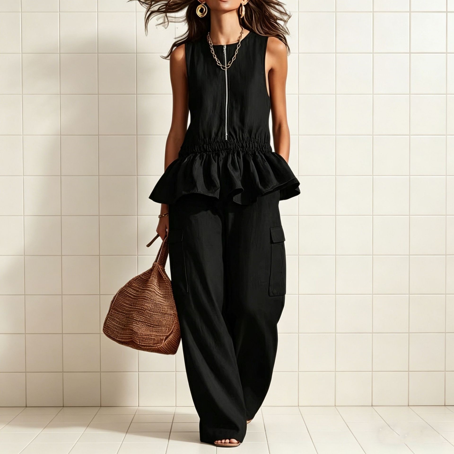 Women's Sleeveless Ruched Tank Top & Wide-Leg Pants Set