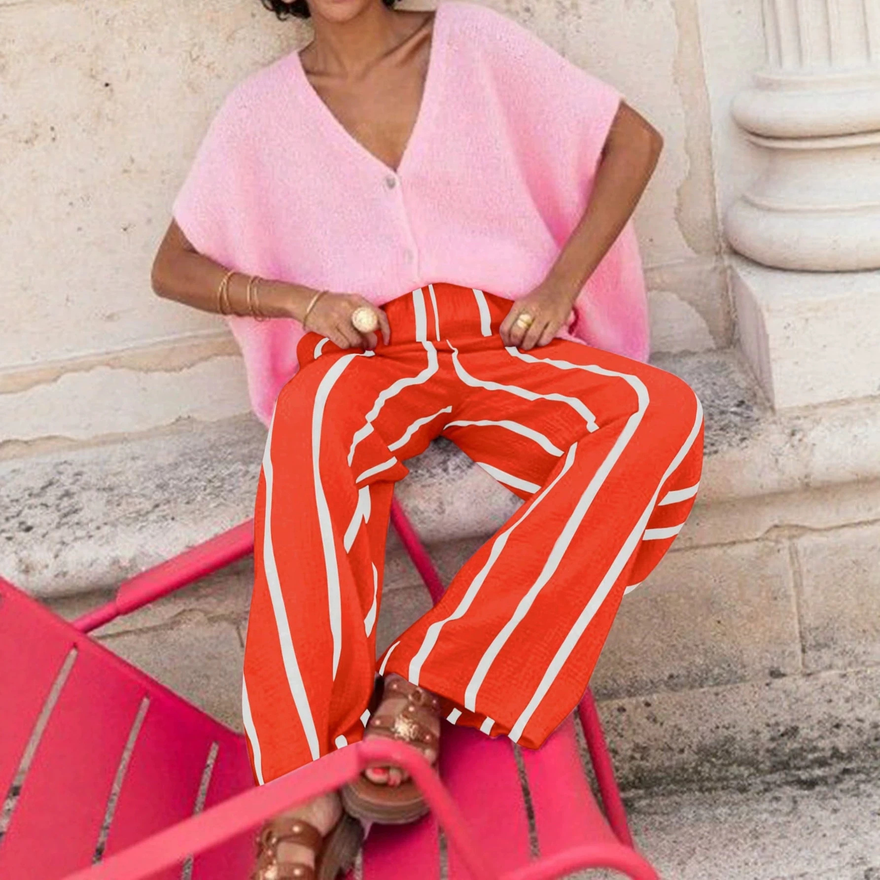Women's Striped Print Wide-Leg Pants with Side Pockets Casual Comfortable