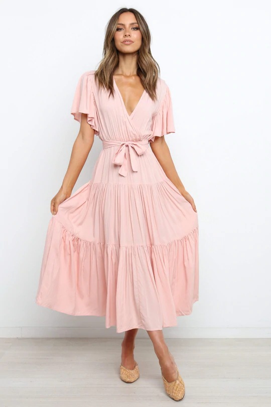 V-Neck Printed Short Sleeve High Waist A-Line Maxi Dress