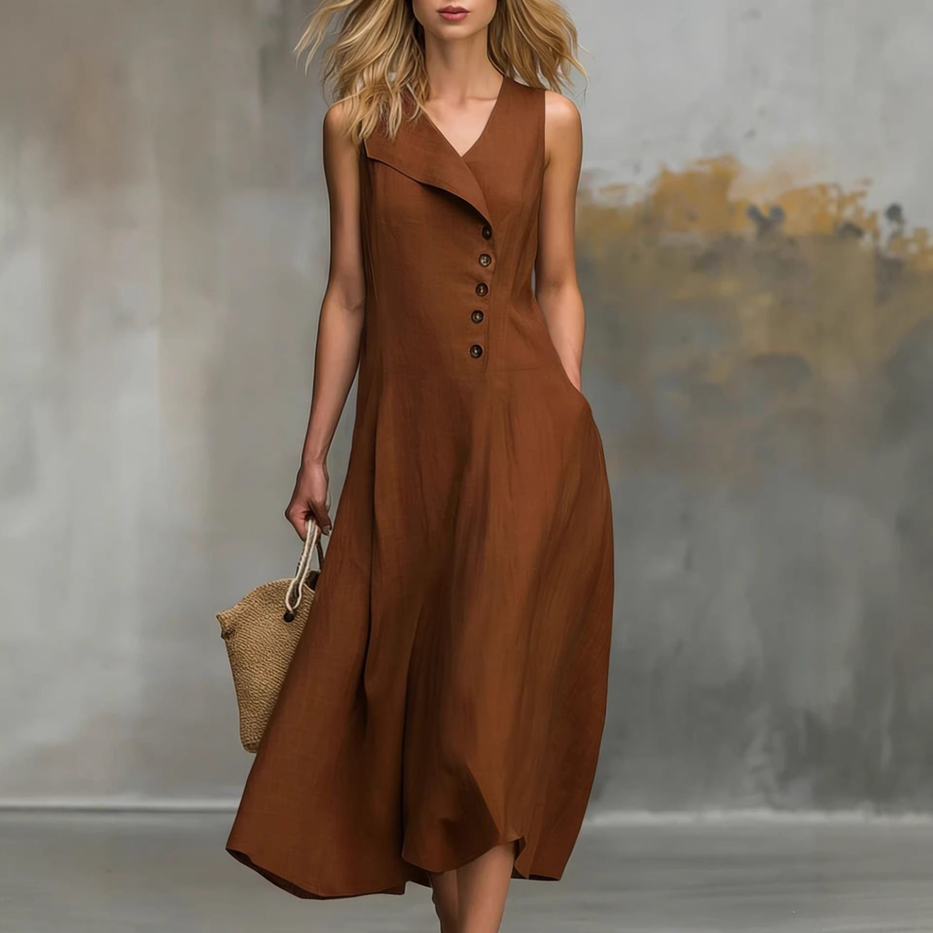 Women's Sleeveless Button-Front Collared Dress Solid Color Cinched Waist