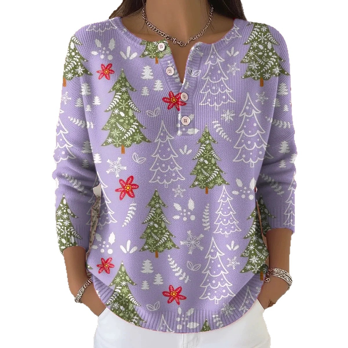 Women's Christmas Tree Floral Print Button Sweatshirt