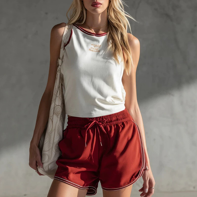 Retro Sporty White Tank Top and Red Cotton Shorts Set