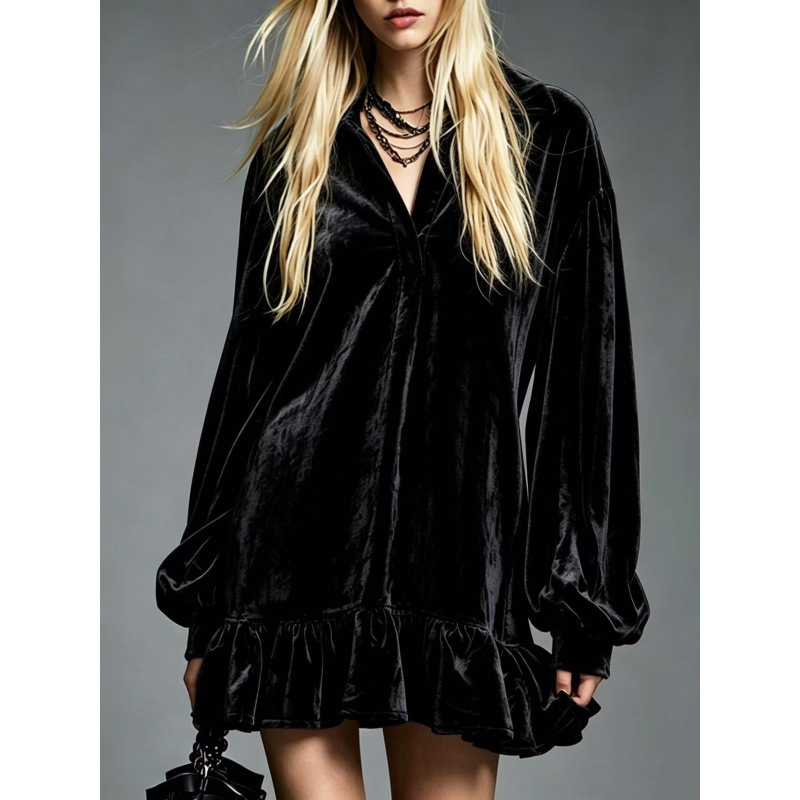 French-Style Velvet Lantern-Sleeve Ruffle Collared Shirt Dress