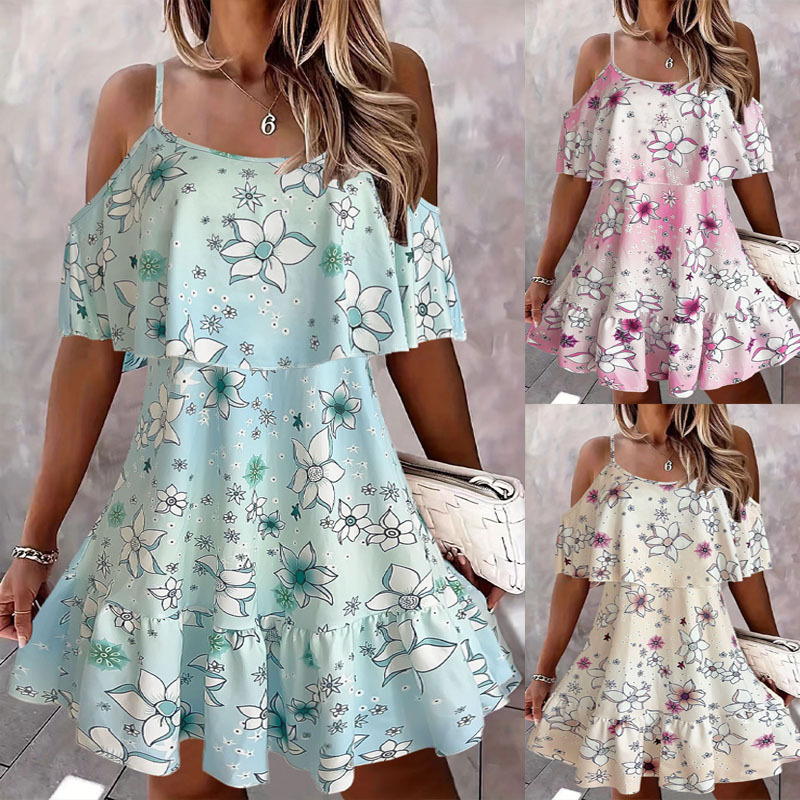Bohemian Floral Print Cold-Shoulder Ruffle Cami Dress
