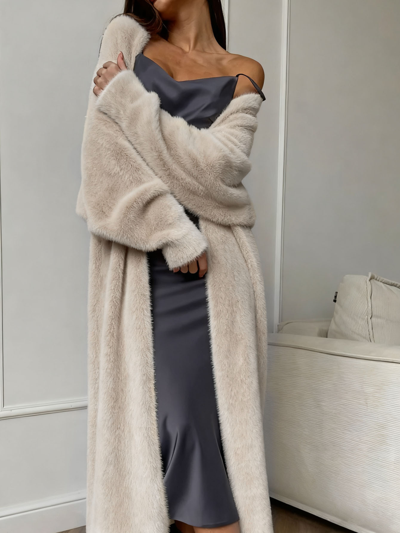 Faux Mink Fuzzy Knit Cardigan Coat Women's Loose Long Lantern Sleeve