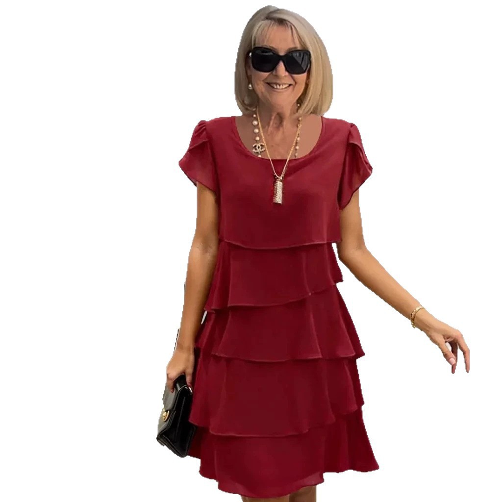 Summer Short Sleeve Tiered Dress Solid Color Round Neck