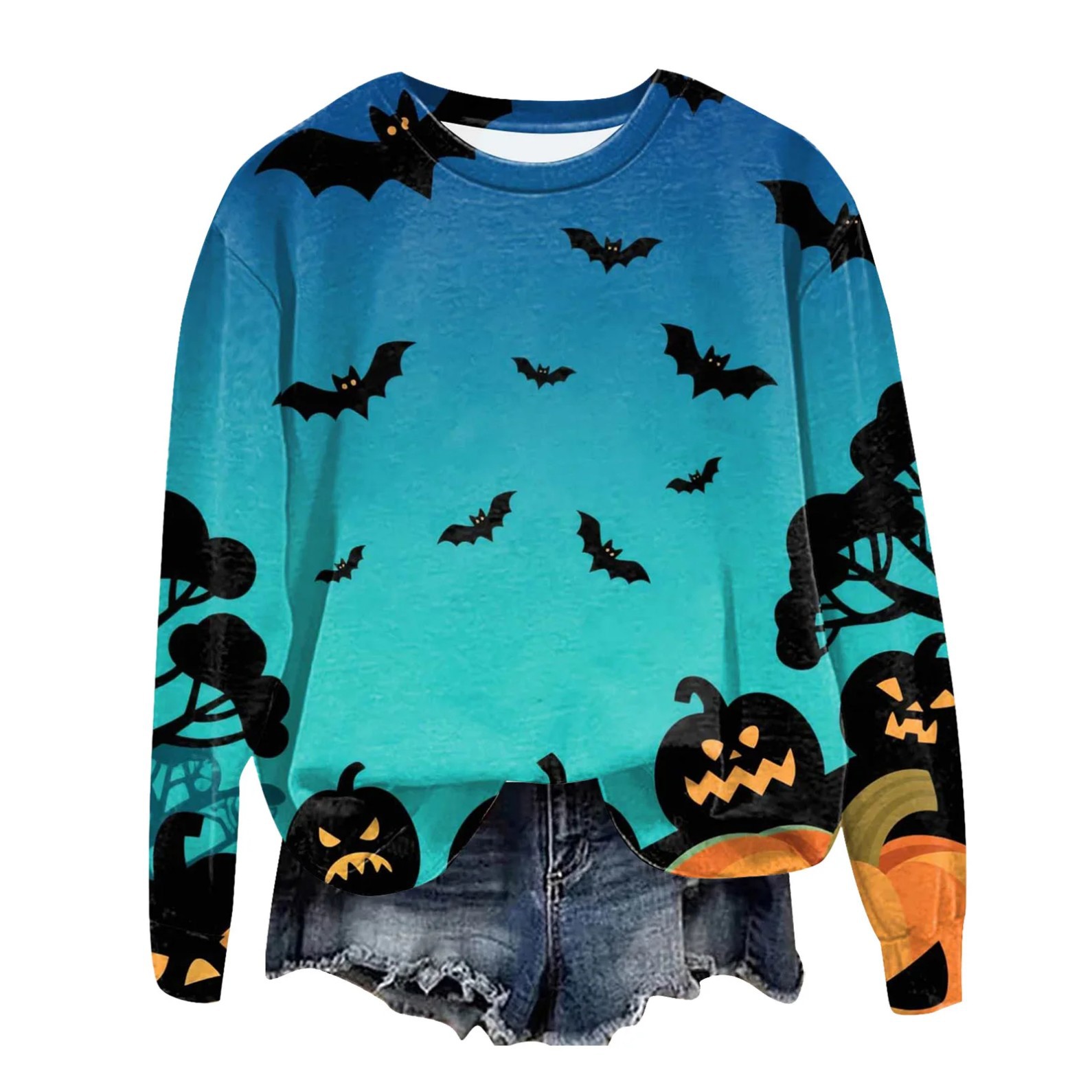 Women's Halloween Cross Castle Ghost Wolf Print Crewneck Sweatshirt