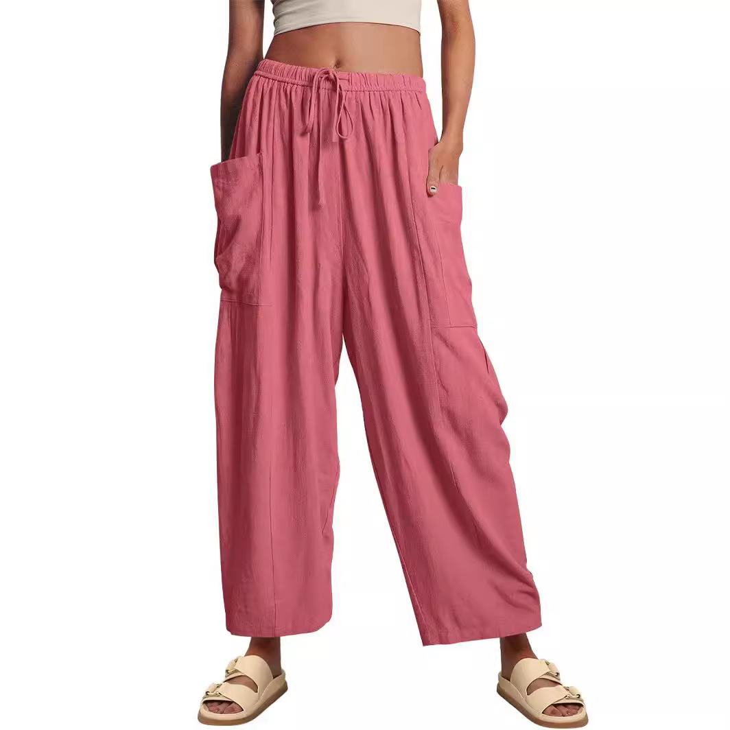 Women's Elastic Waist Pleated Straight-Leg Cropped Pants Casual Loose Fit