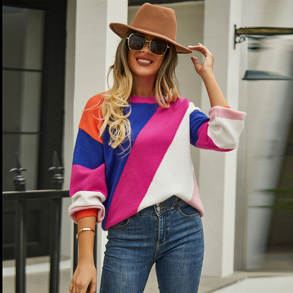 Striped Color-Block Crewneck Pullover Sweater