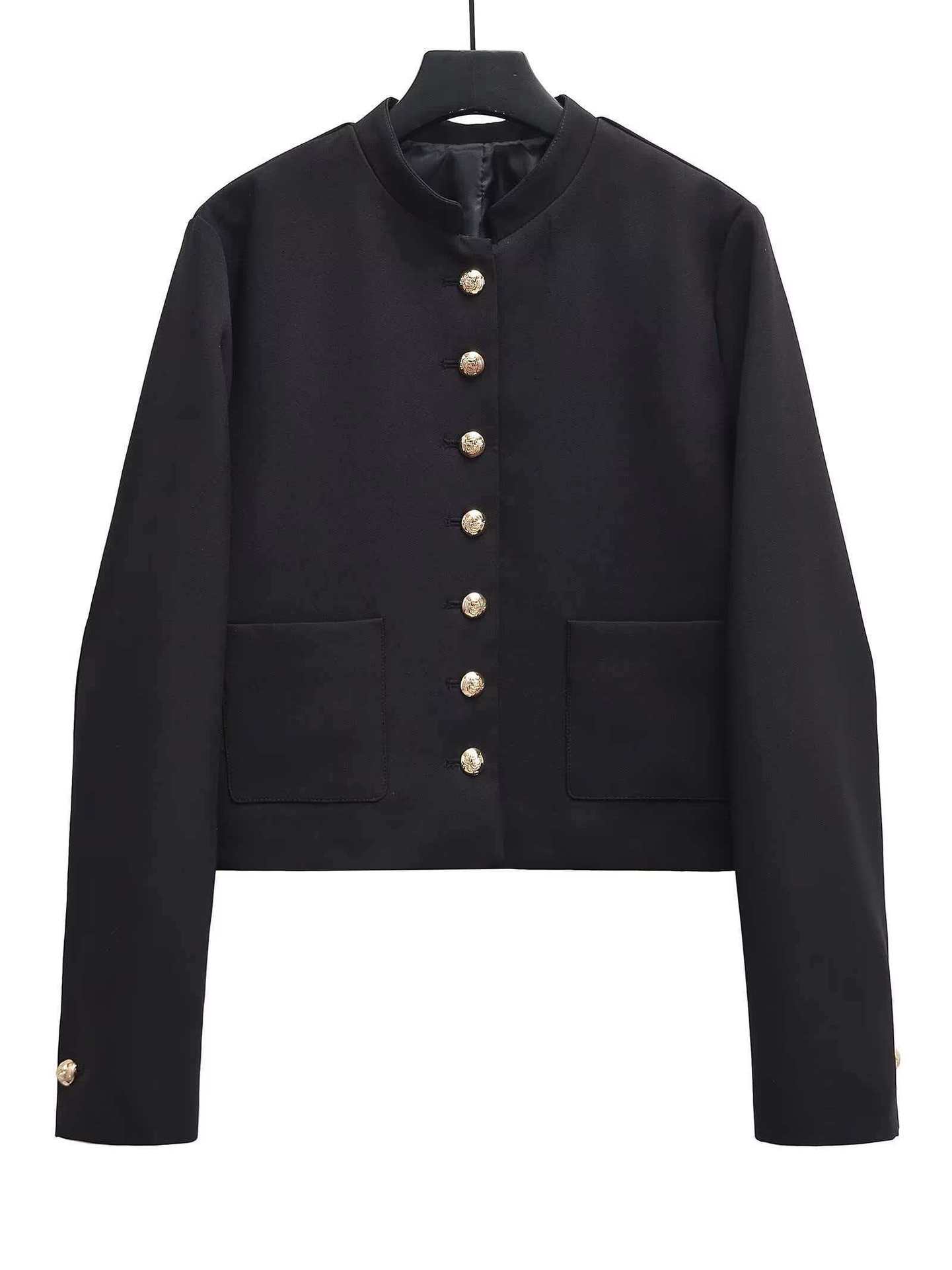 Women's Retro Metal Button Black Jacket