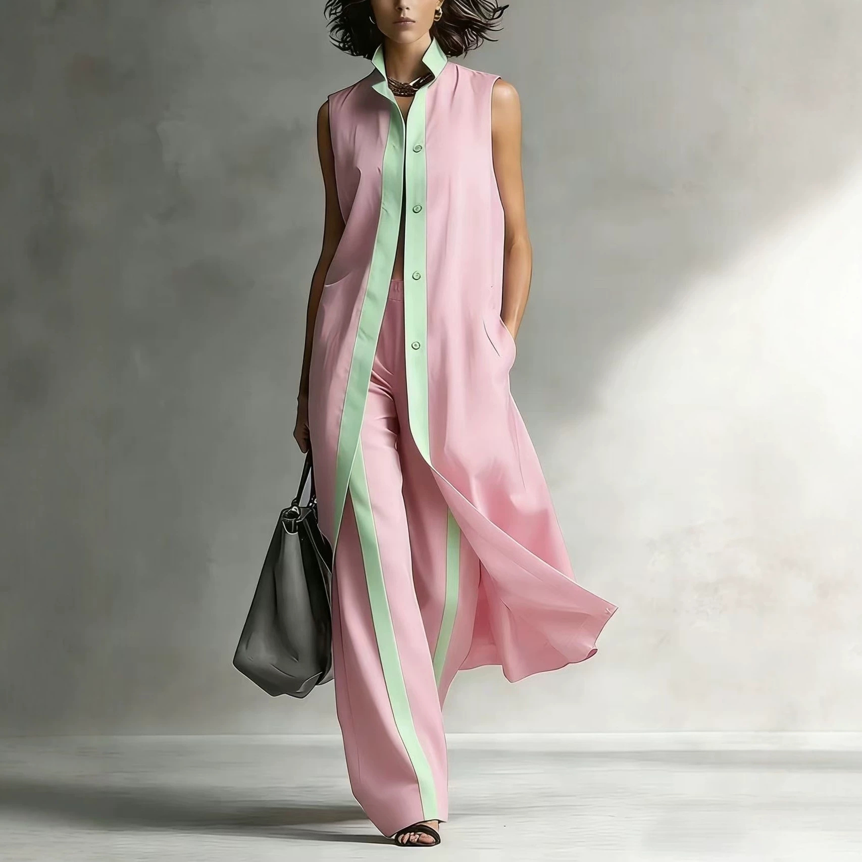 Colorblock Sleeveless Vest Cardigan & Pants Set