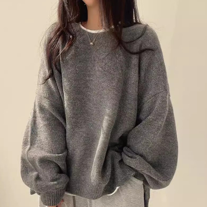 Korean Chic Lazy Style Round Neck Side Slit Loose Knit Sweater