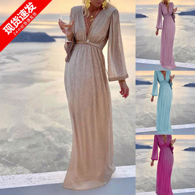 Women's V-Neck Long Sleeve Sequin Dress