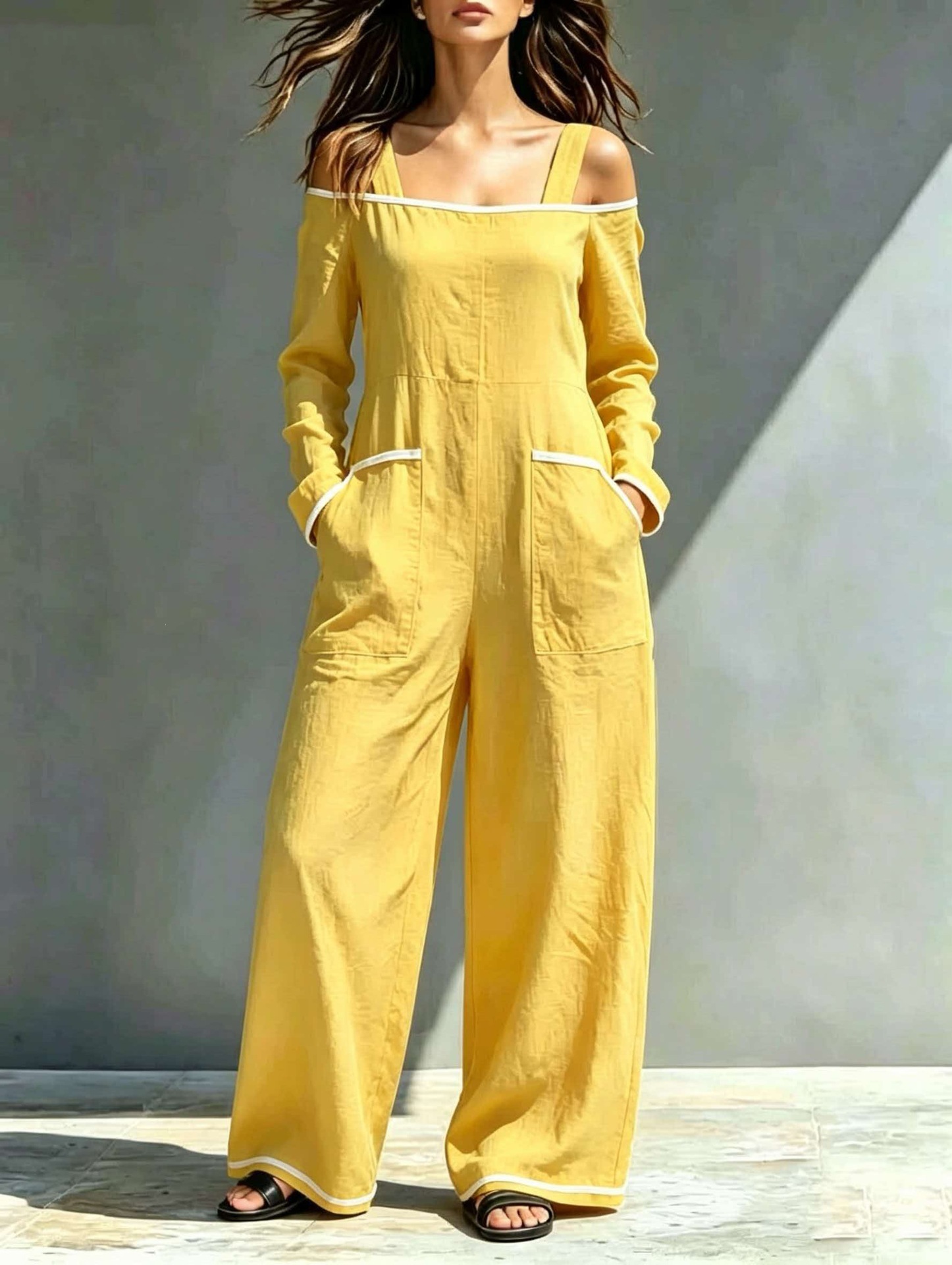 Off-Shoulder Colorblock Wide-Leg Jumpsuit with Pockets
