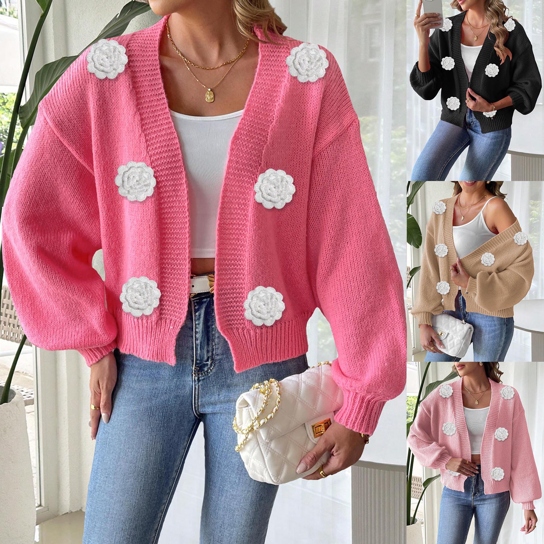 Women's Open-Front Cardigan with 3D Hand-Crocheted Floral Appliqué
