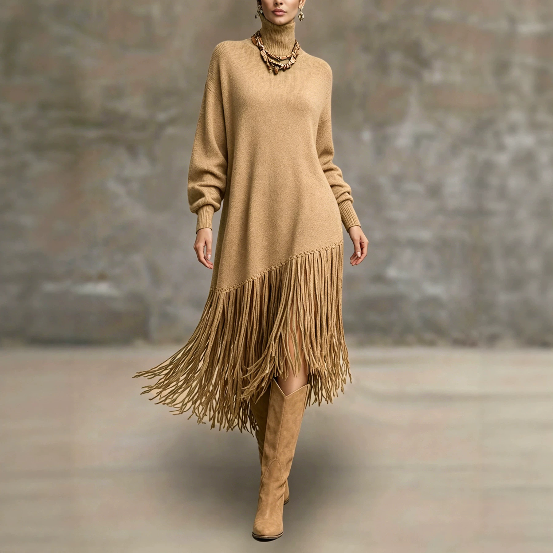 Women's Bohemian Long Fringe A-Line Midi Dress