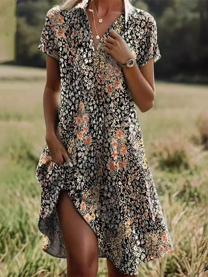 Women's Floral Print Casual Midi Dress Short Sleeve Deep V-Neck Slim Fit