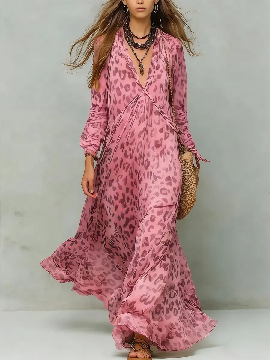 Women's Lantern Sleeve Chiffon Dress Deep V Neck Ruffled Long Geometric Print