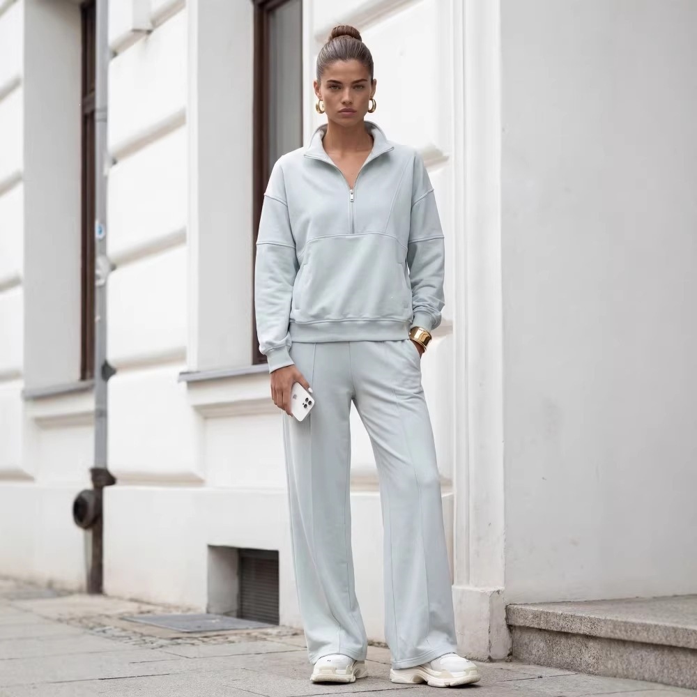 American Retro Half-Zip Stand Collar Sweatshirt & Wide-Leg Pants Set