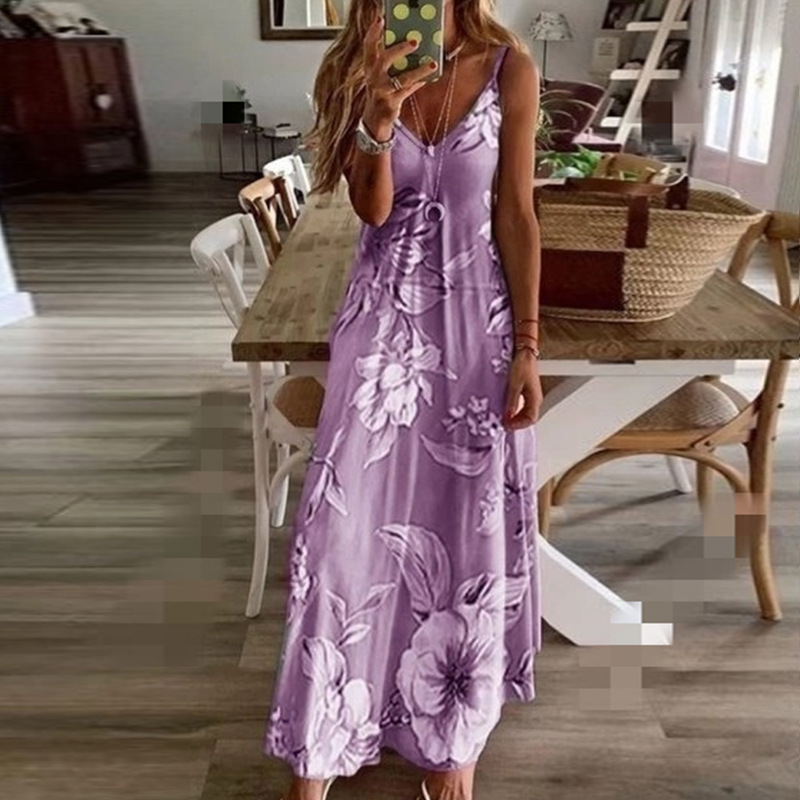 Women's Summer Sleeveless V-Neck Maxi Dress with Digital Print