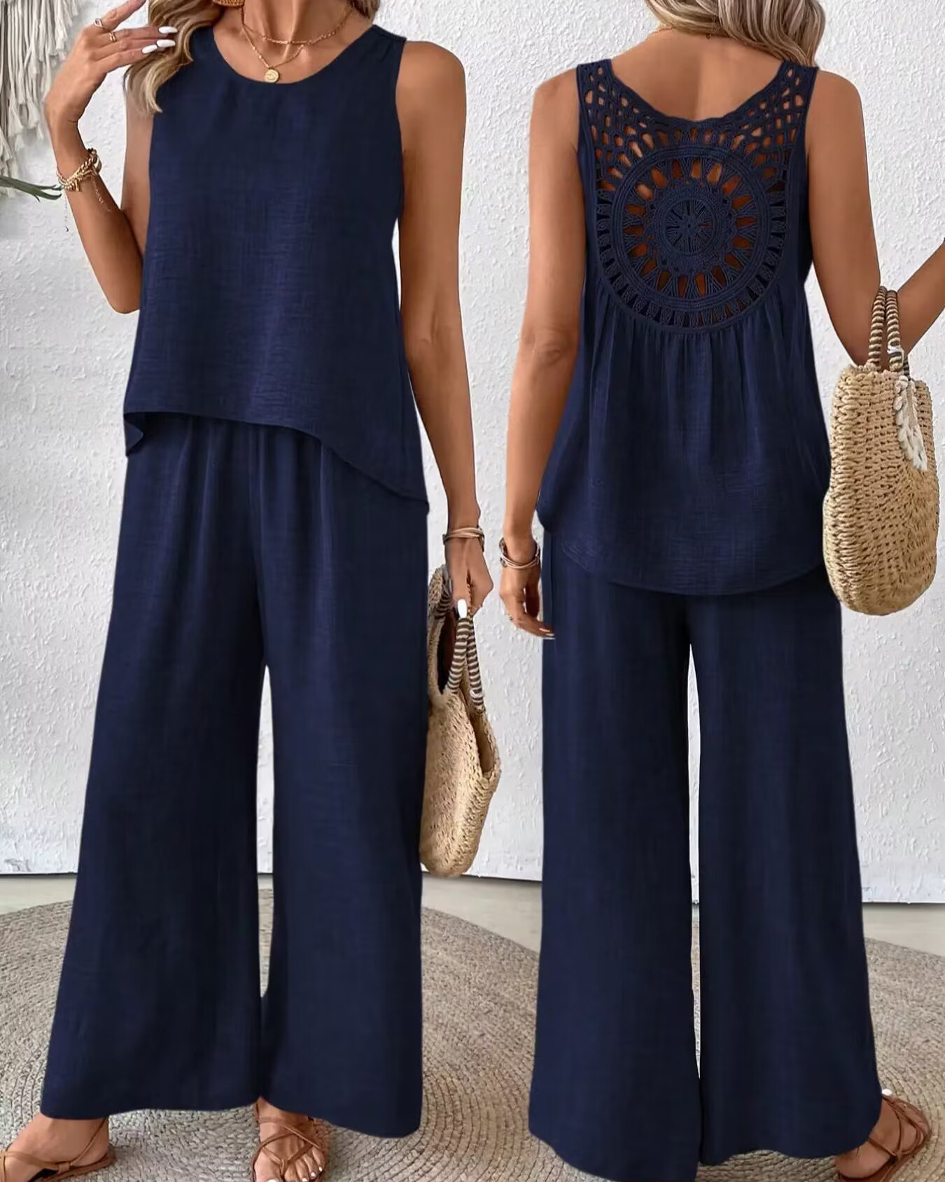 Women's Solid Color Back Cutout Lace Trim Sleeveless Top Set