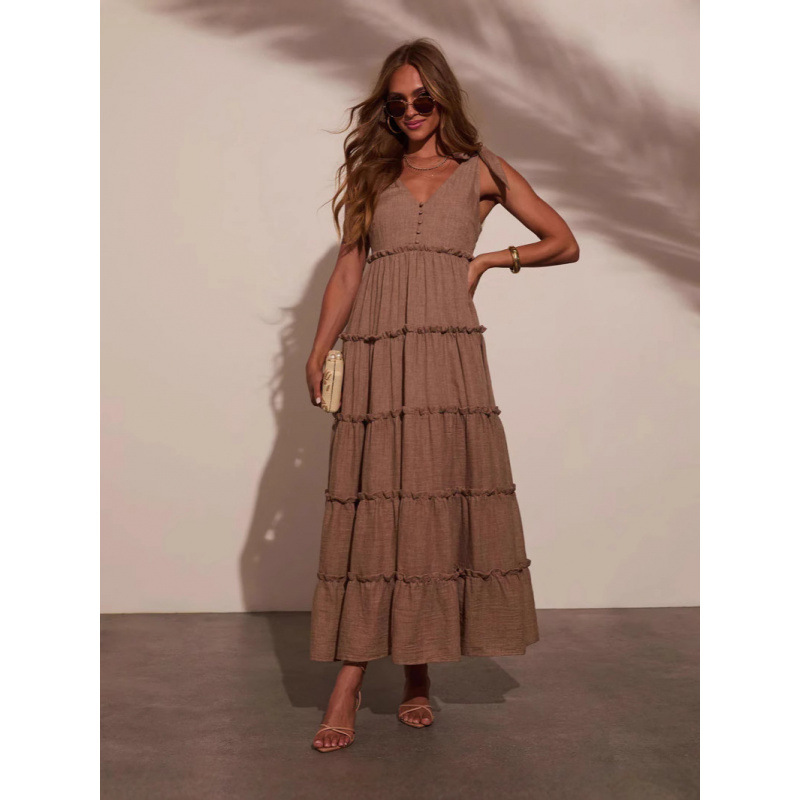 V-Neck Button Ruffle Midi Dress