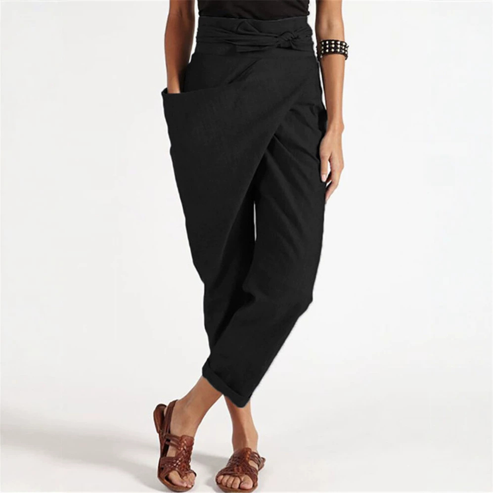 Women's Irregular Tie Straight-Leg Cropped Pants Casual
