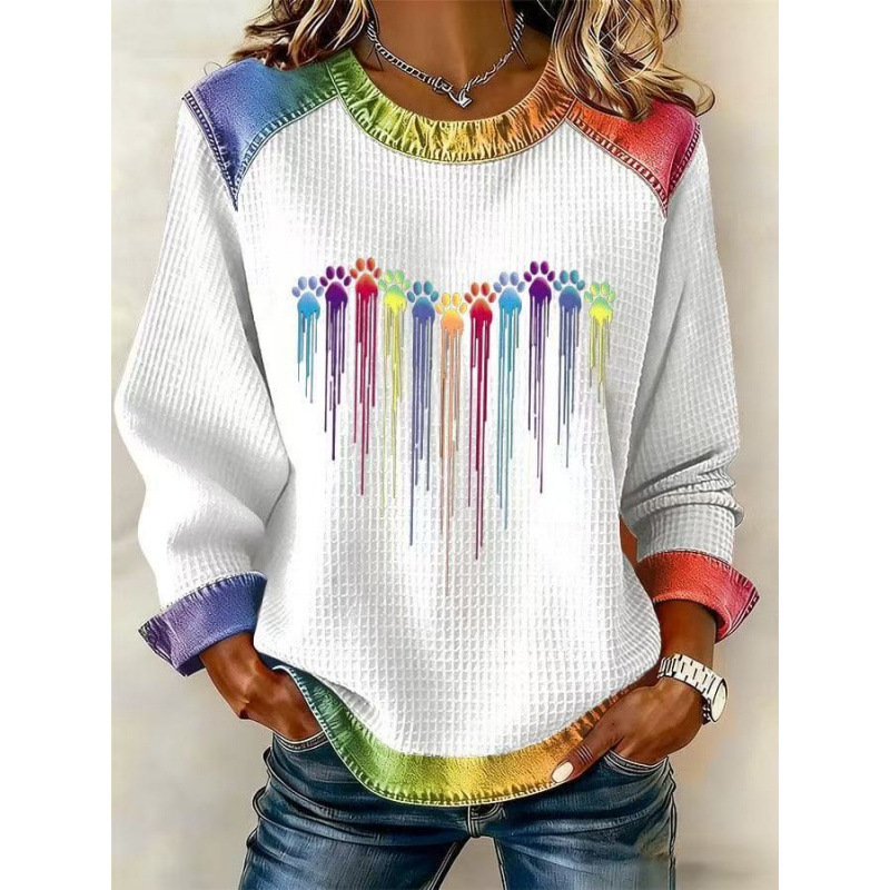 3D Print Colorblock Denim Collar Pullover Sweatshirt Women's Long Sleeve Loose Fit