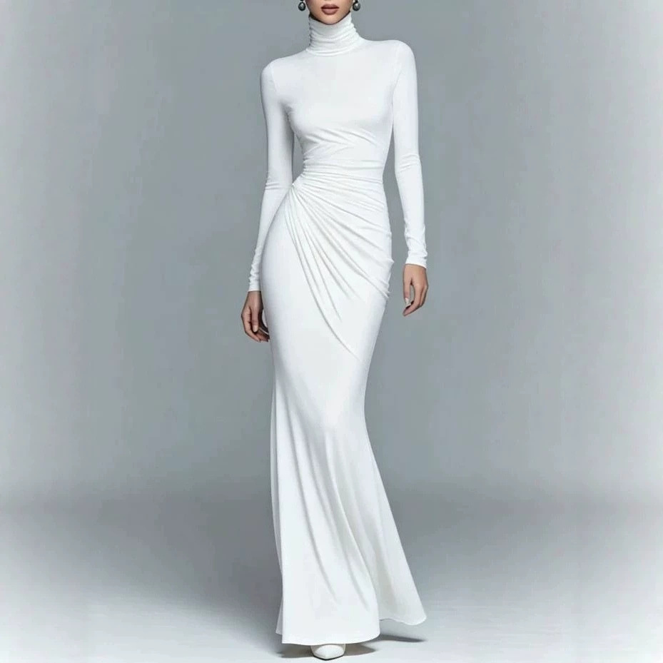 Solid High-Neck Long-Sleeve Fitted Waist-Cinching Maxi Dress