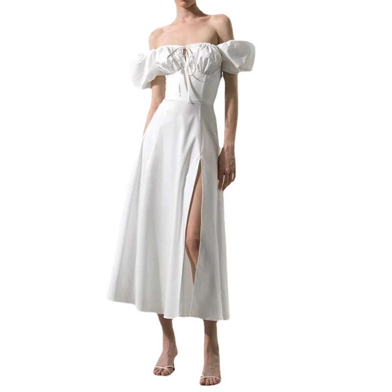Women's Off-Shoulder High-Slit Midi Dress with Bubble Sleeves