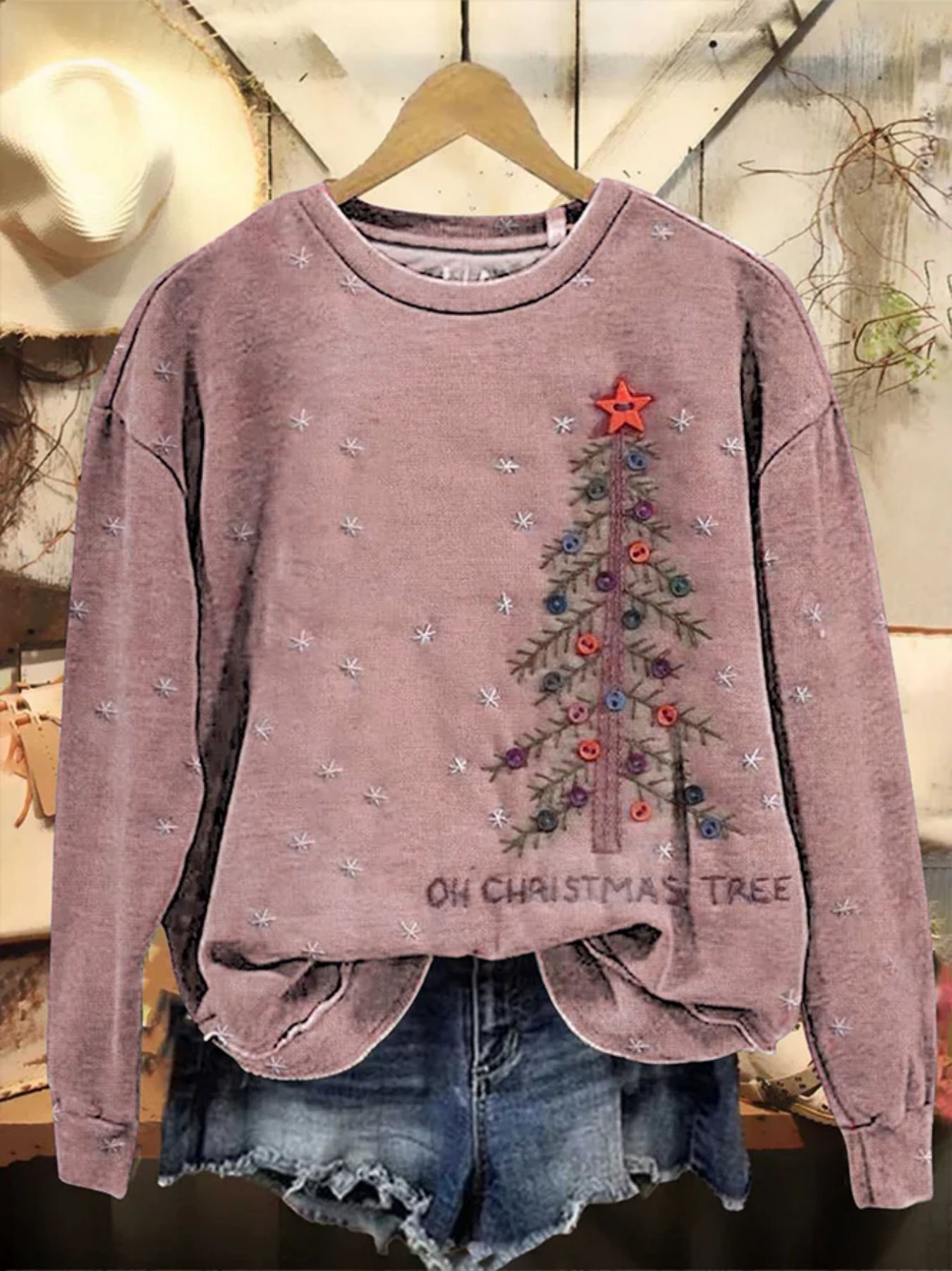 Christmas Tree Print Crewneck Long Sleeve Pullover Sweatshirt