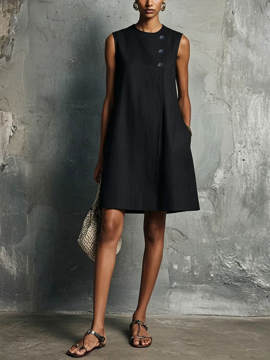 Minimalist Crewneck Sleeveless Dress with Asymmetric Buttons and Side Pockets