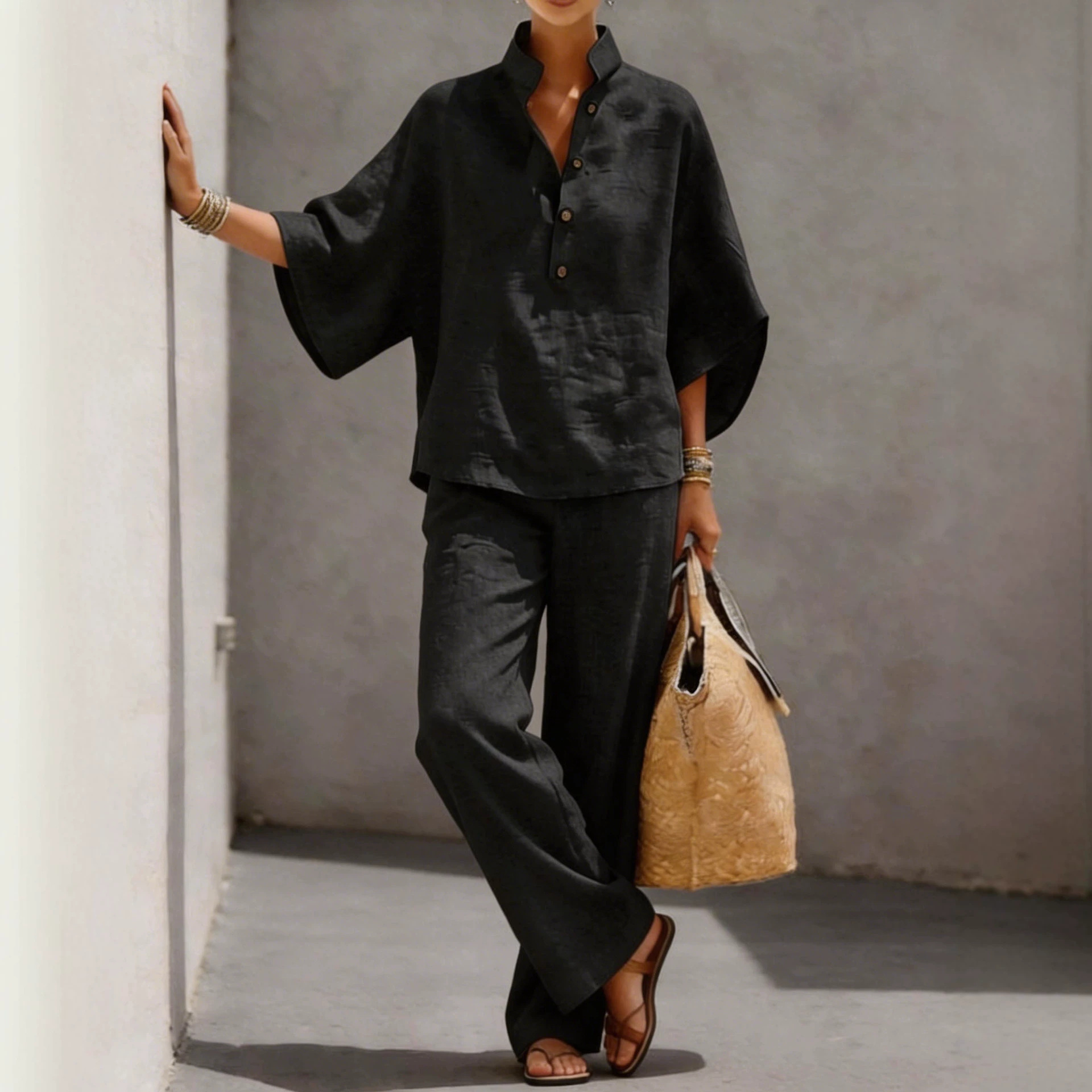 Women's Cotton-Blend Shirt and Pants Two-Piece Set