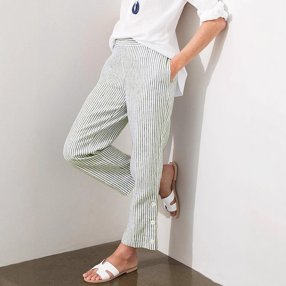 Striped Casual Pants Loose Elastic Waist Women