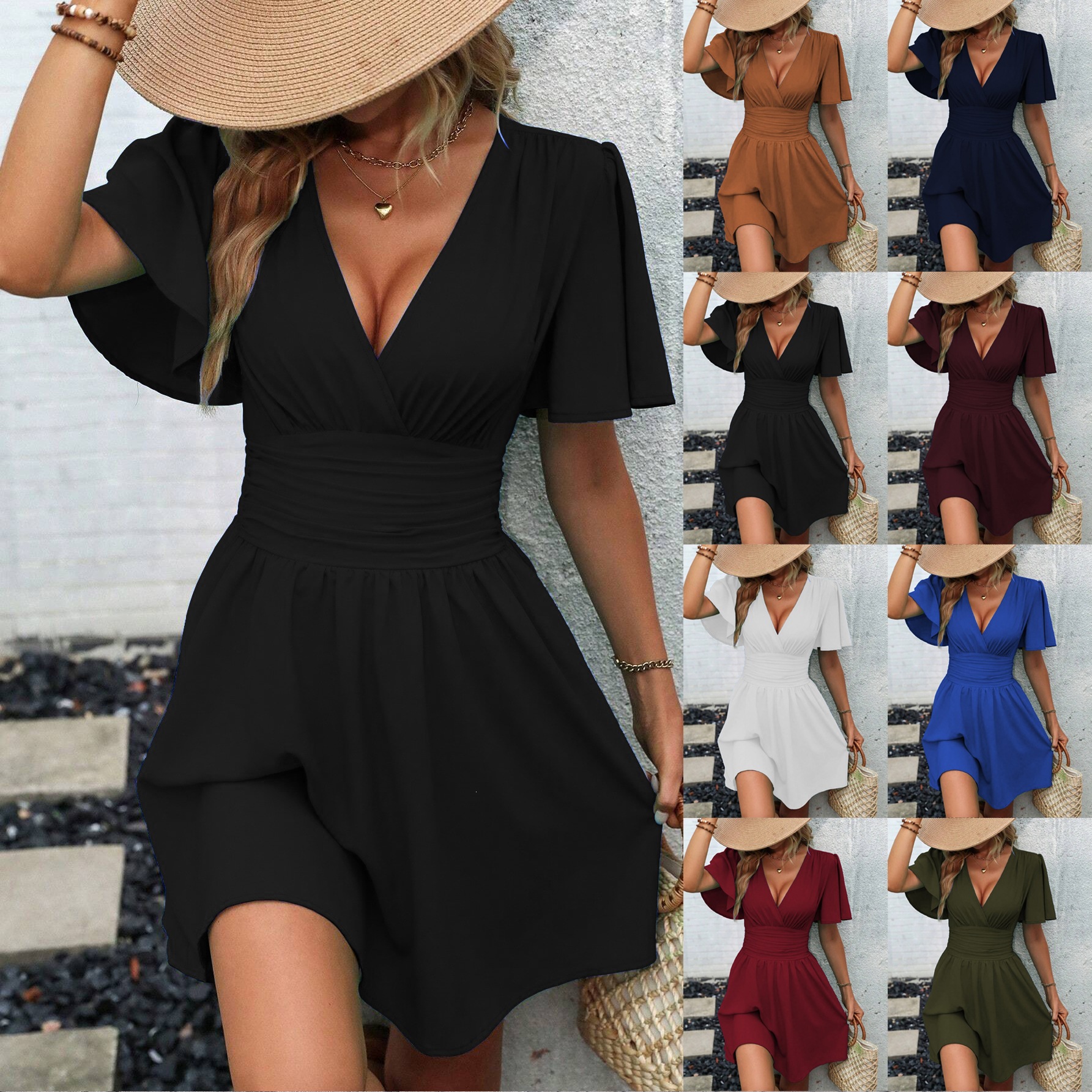 Deep V-Neck Ruffle Sleeve Solid Smocked Dress
