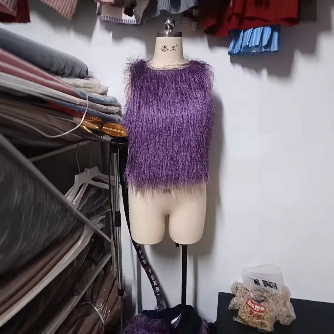 Purple Faux Fur Tassel Two-Piece Skirt Set Sleeveless Summer