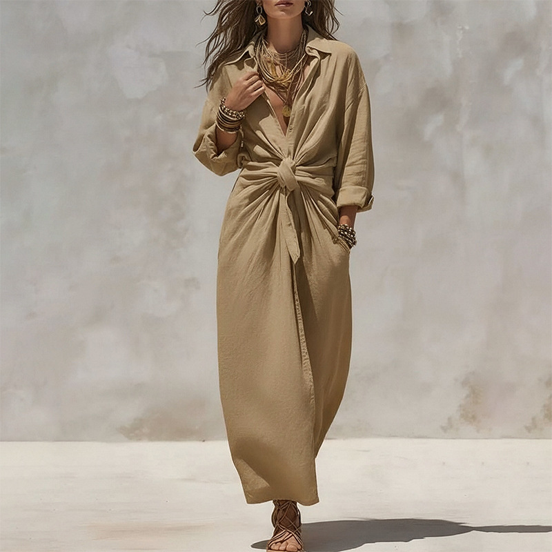 Women's Solid V-Neck Knot Slit Midi Dress