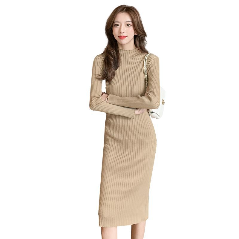 Women's Long Sleeve Knit Dress Slim Fit A-Line Midi