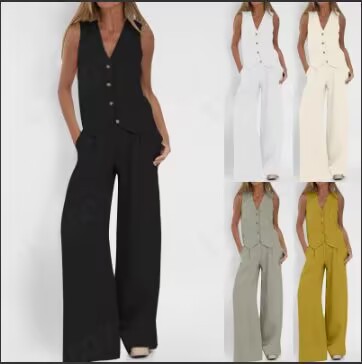 Women's Sleeveless Vest & Pants Set Cotton Linen Patchwork Casual