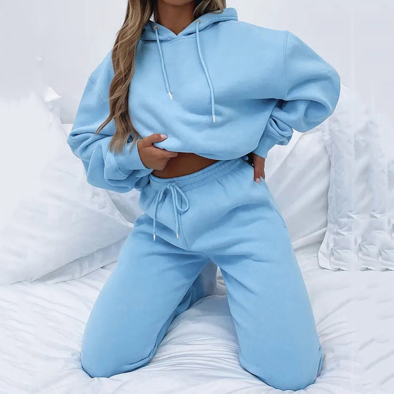Women's Solid Hooded Long Sleeve Sweatshirt and Pants Set with Pockets
