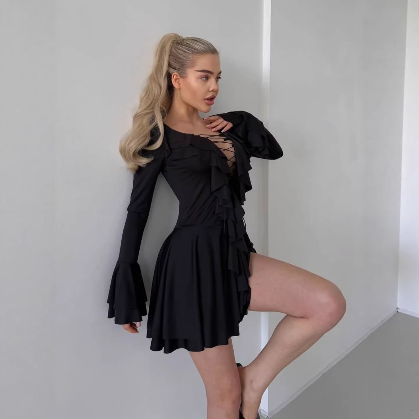 Women's Solid V-Neck Flare-Sleeve Ruffle Waist Dress
