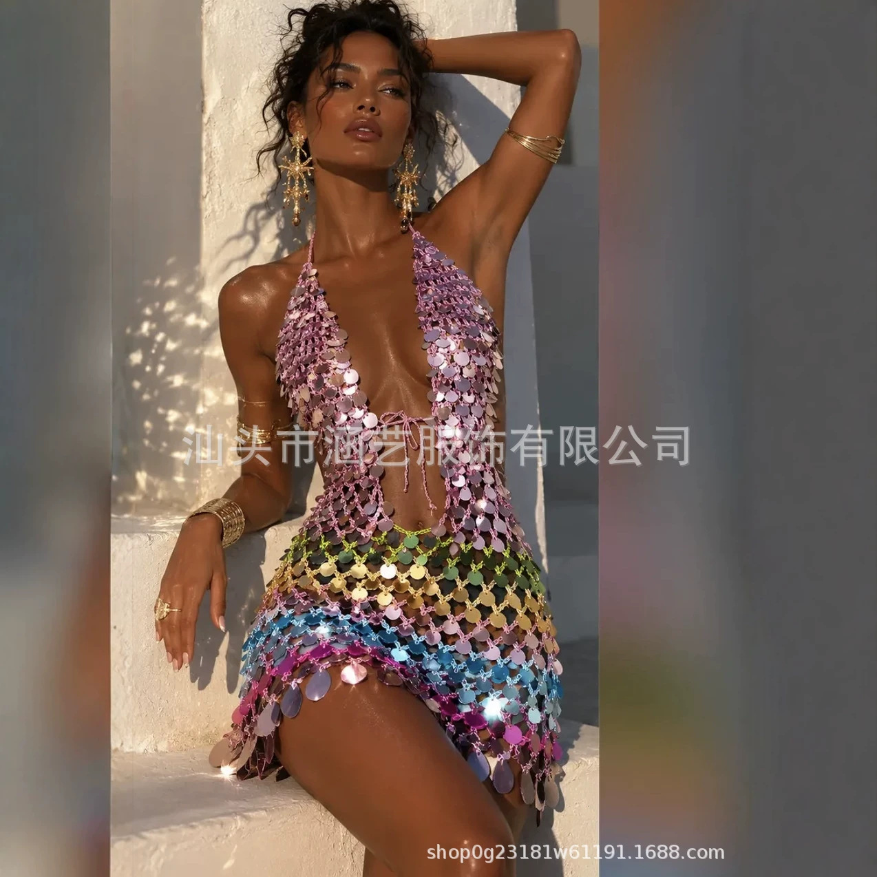 Colorful Sequin Halter Bodycon Mini Dress with Deep V Neck and Cutout Waist