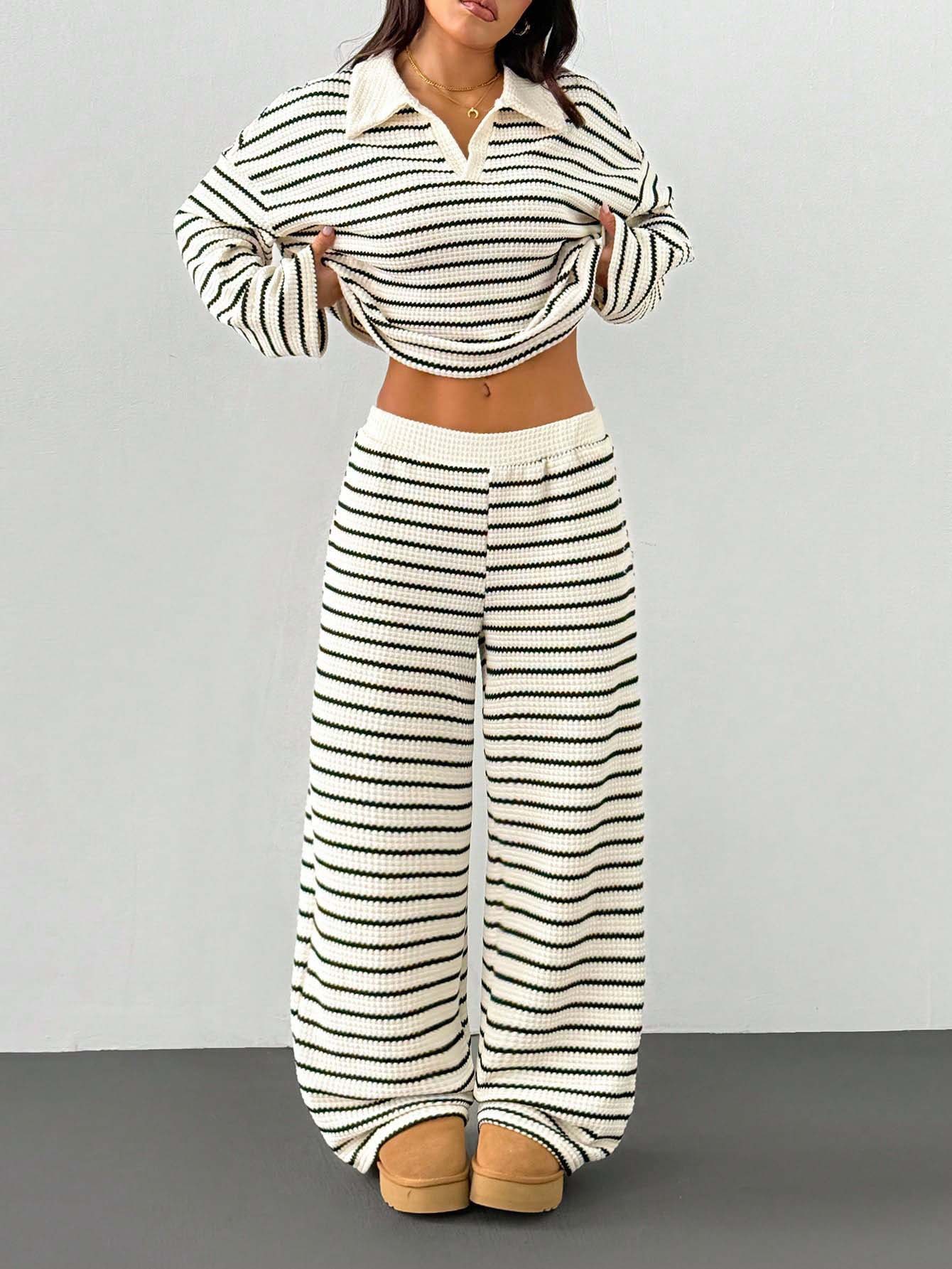 Striped Knit Color-Block Collared V-Neck Long-Sleeve Top & Pants Set