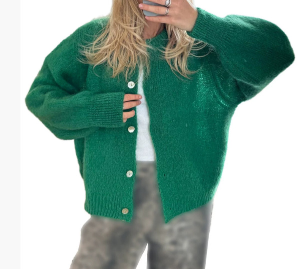 Women's Loose Knit Button-Front Cardigan Sweater Long Sleeve Crew Neck