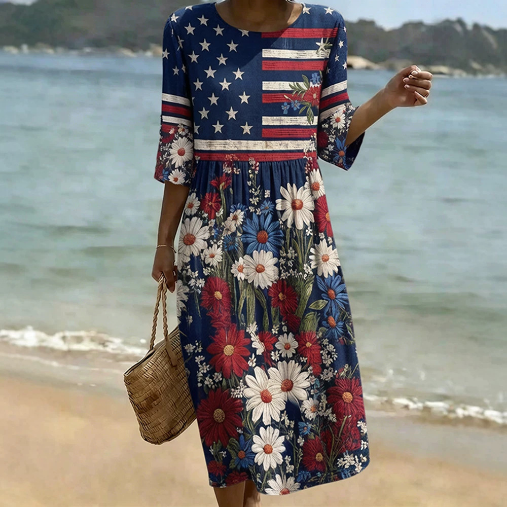 Women's American Floral Flag Print Ruched Midi Dress