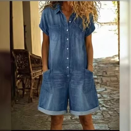 Short Sleeve Multi-Pocket Washed Denim Jumpsuit Shorts